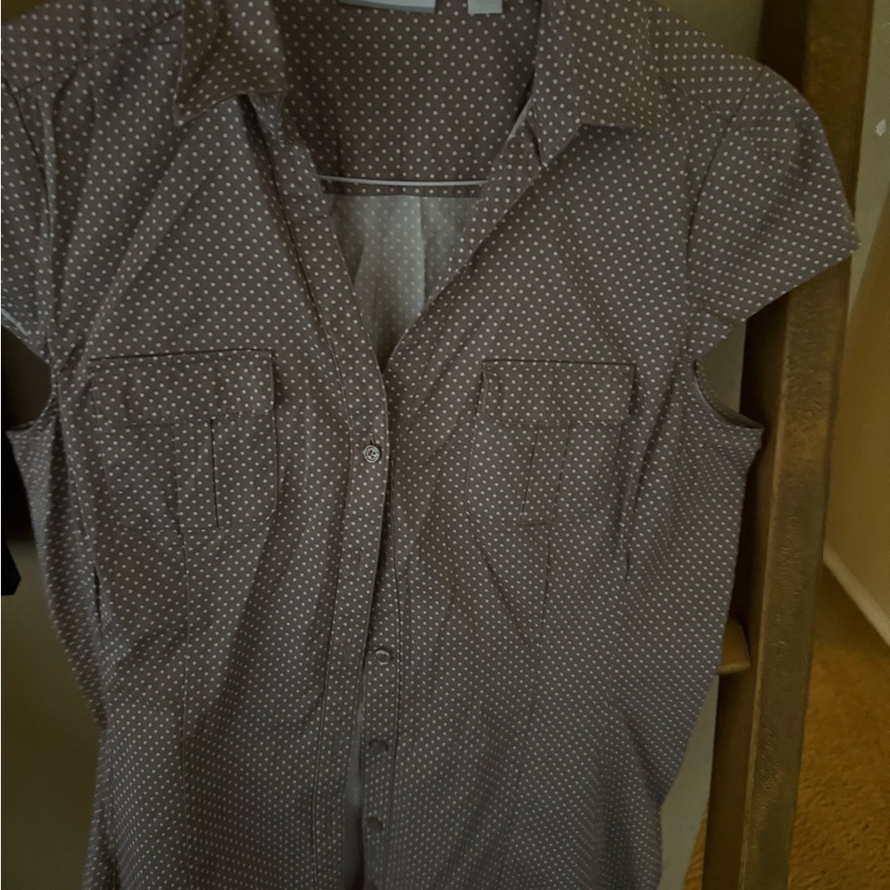 New York & Company Brown Polka Dot Cap Sleeve Button Front Top